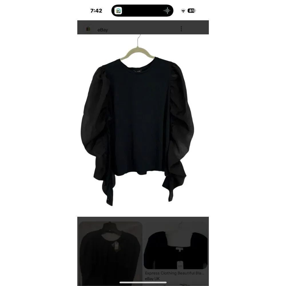 Express Sheer Puff Long Sleeve Cotton Blouse Crewneck Pullover Black NWT Medium